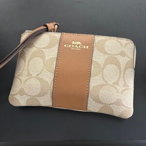 Coach Signature Beige and Brown Wristlet
